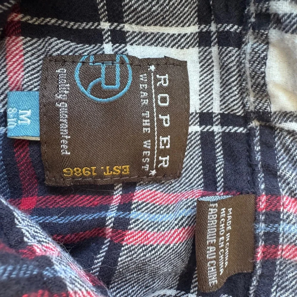 Roper Kids boys Navy Red Plaid Pearl Snap Western Flannel Shirt Size M 8-10